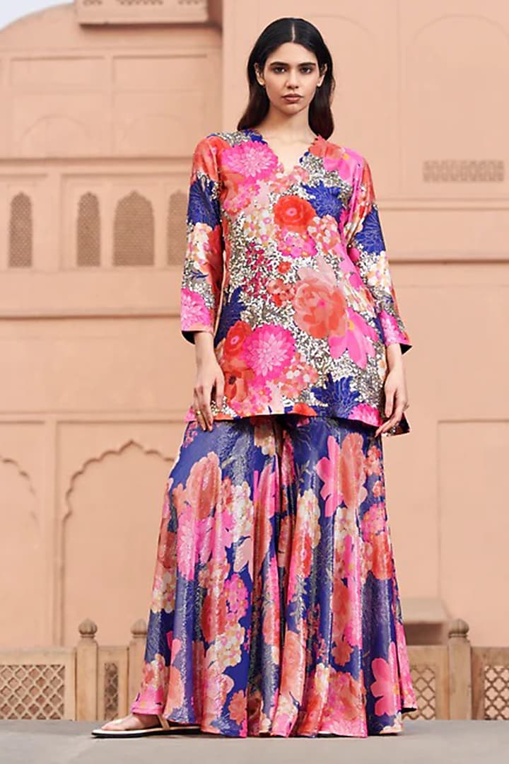 Blue Bemberg Silk Digital Printed Wedding Sharara Set by Archana Shah at Pernia's Pop Up Shop