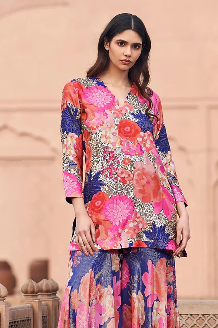 Blue Bemberg Silk Digital Printed Wedding Sharara Set by Archana Shah at Pernia's Pop Up Shop