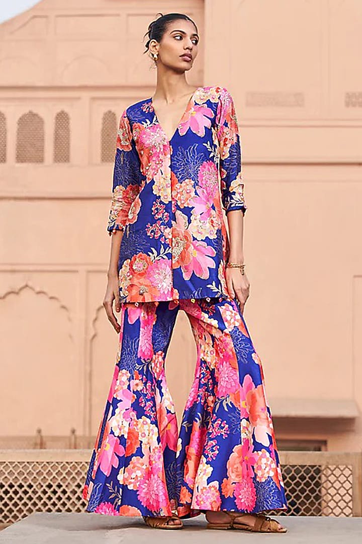 Blue Bemberg Silk Digital Printed Wedding Sharara Set by Archana Shah at Pernia's Pop Up Shop