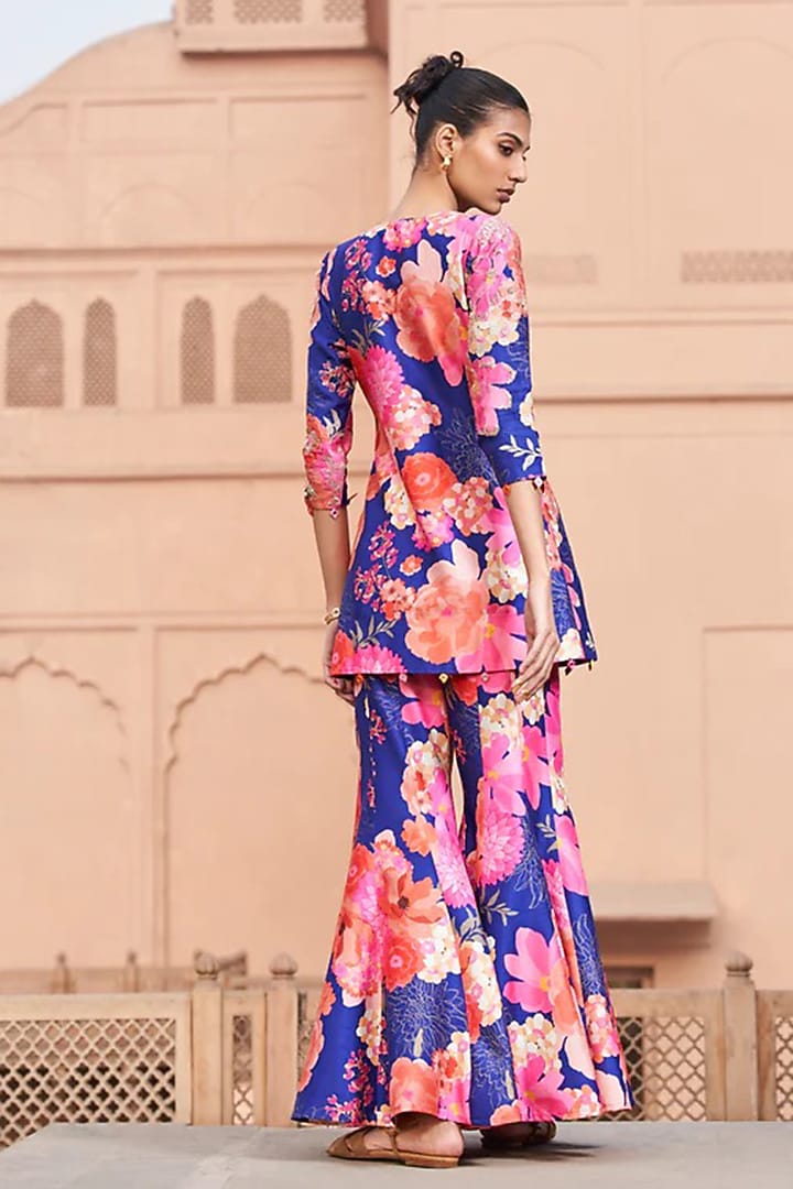 Blue Bemberg Silk Digital Printed Wedding Sharara Set by Archana Shah at Pernia's Pop Up Shop