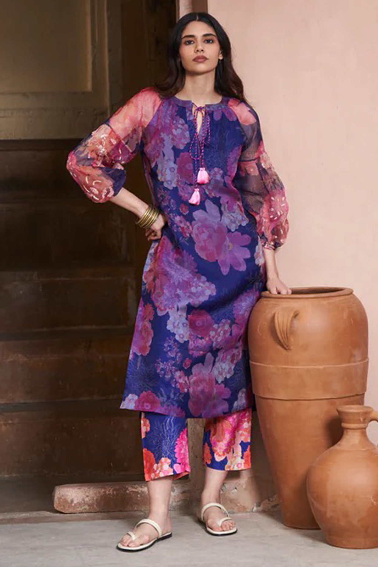 Blue Bemberg Crepe Digital Printed Tunic Set by Archana Shah at Pernia's Pop Up Shop