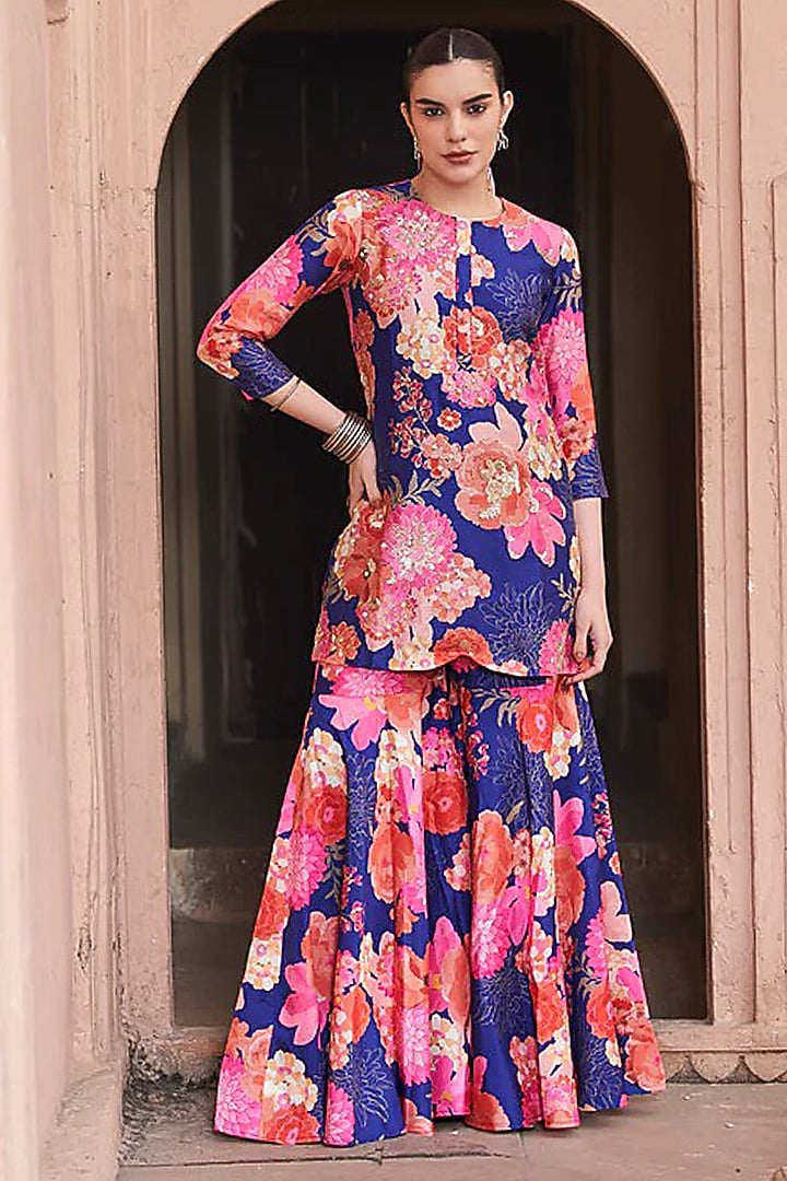 Blue Bemberg Silk Digital Printed Wedding Sharara Set by Archana Shah at Pernia's Pop Up Shop
