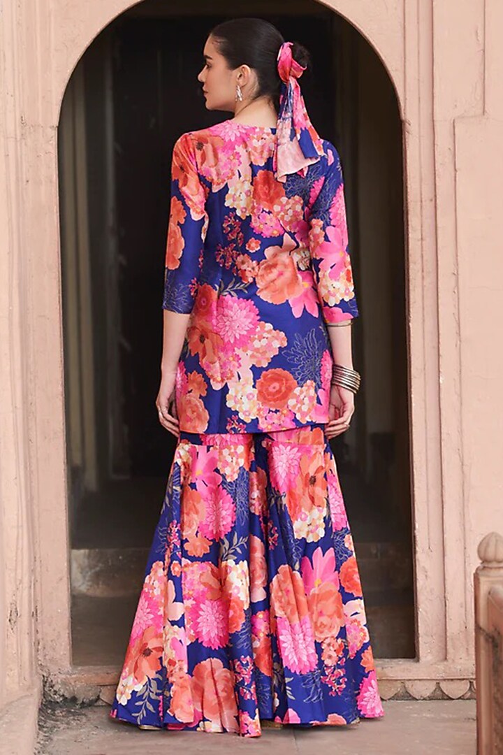Blue Bemberg Silk Digital Printed Wedding Sharara Set by Archana Shah at Pernia's Pop Up Shop