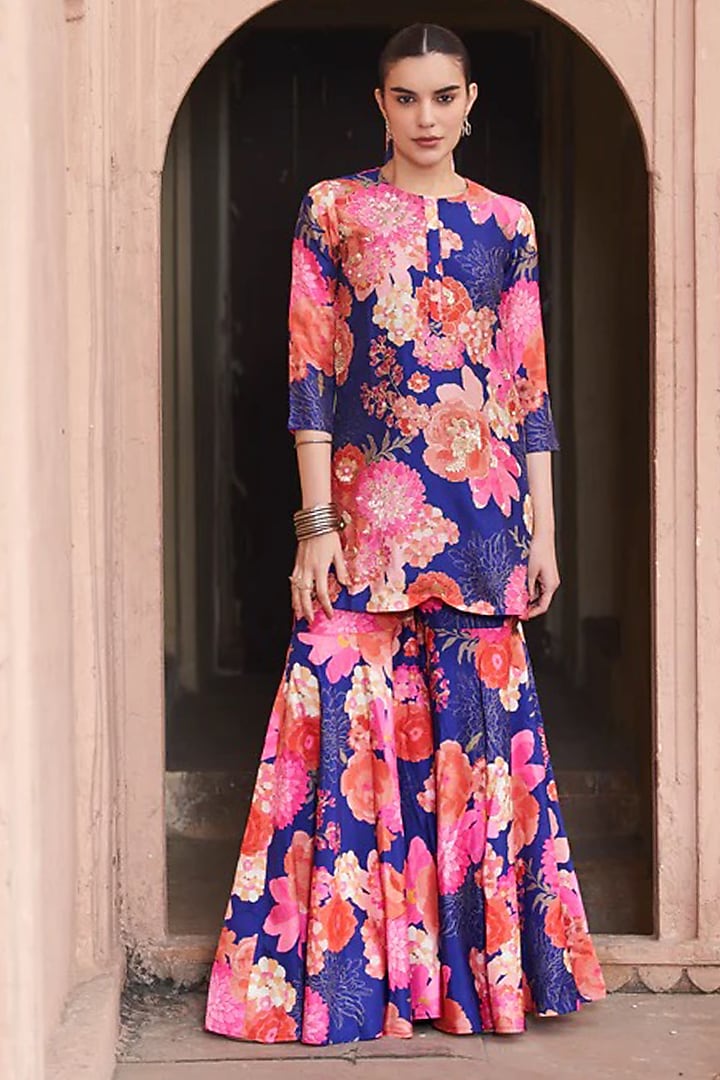 Blue Bemberg Silk Digital Printed Wedding Sharara Set by Archana Shah at Pernia's Pop Up Shop
