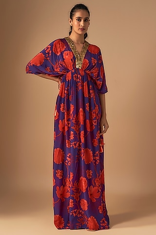 Red & Blue Natural Crepe Sequins Embroidered Kaftan by Archana Shah