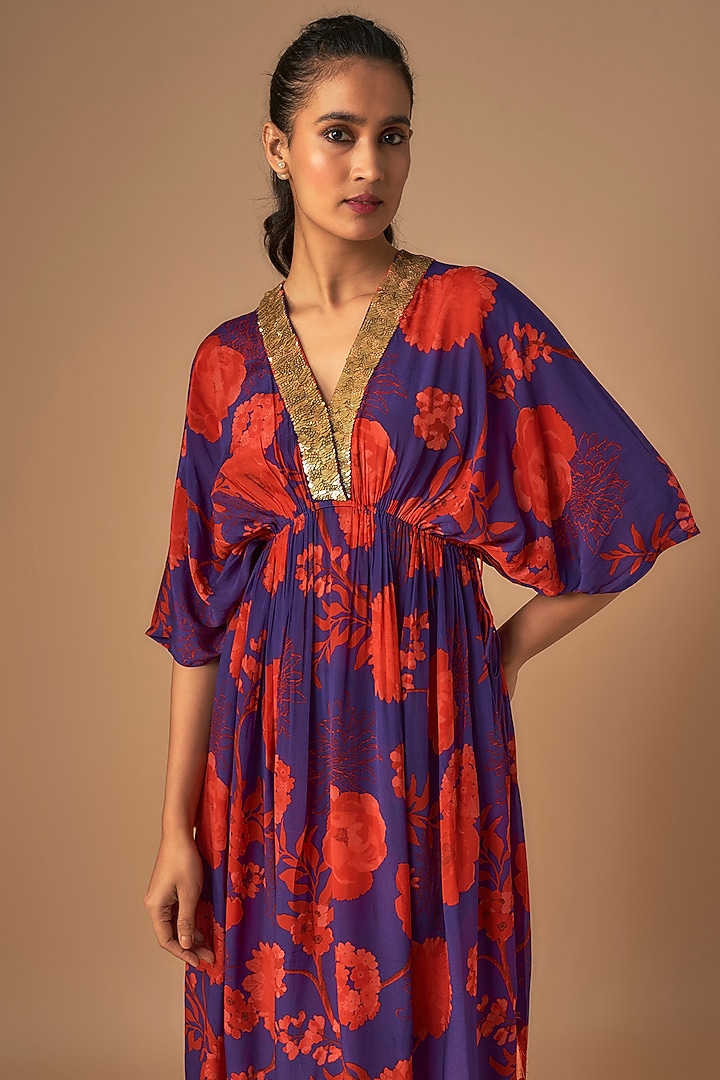 Red & Blue Natural Crepe Sequins Embroidered Kaftan by Archana Shah at Pernia's Pop Up Shop