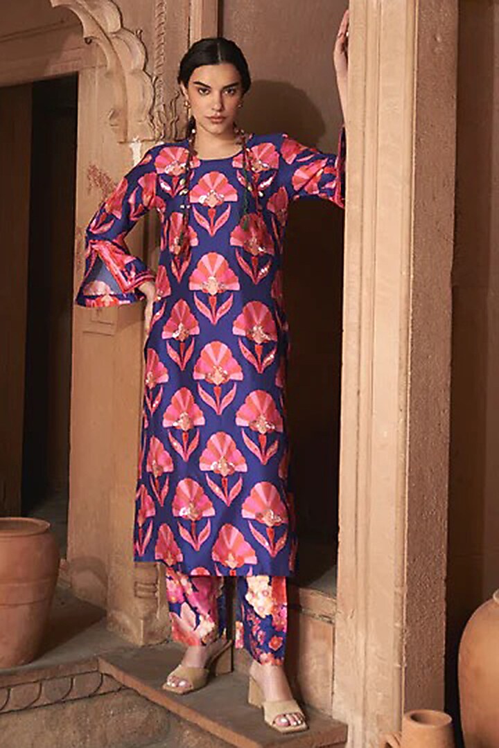 Blue Bemberg Silk Digital Printed & Hand Embroidered Kurta Set by Archana Shah at Pernia's Pop Up Shop