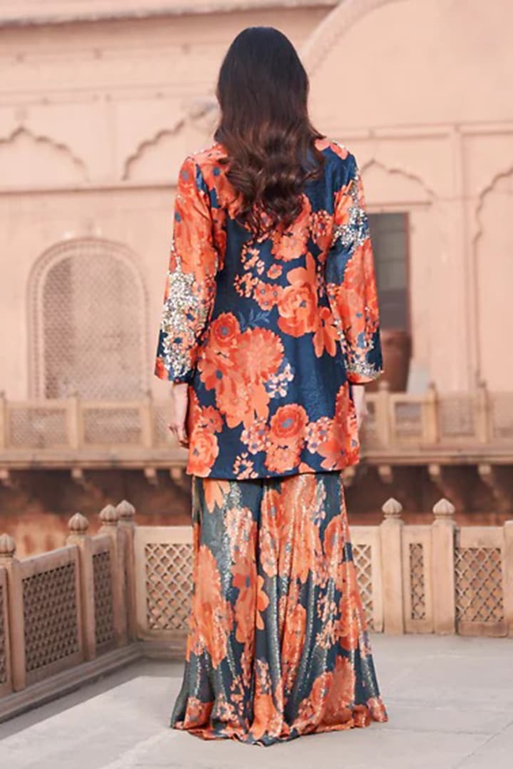 Navy Blue Bemberg Silk Digital Printed Wedding Sharara Set by Archana Shah at Pernia's Pop Up Shop