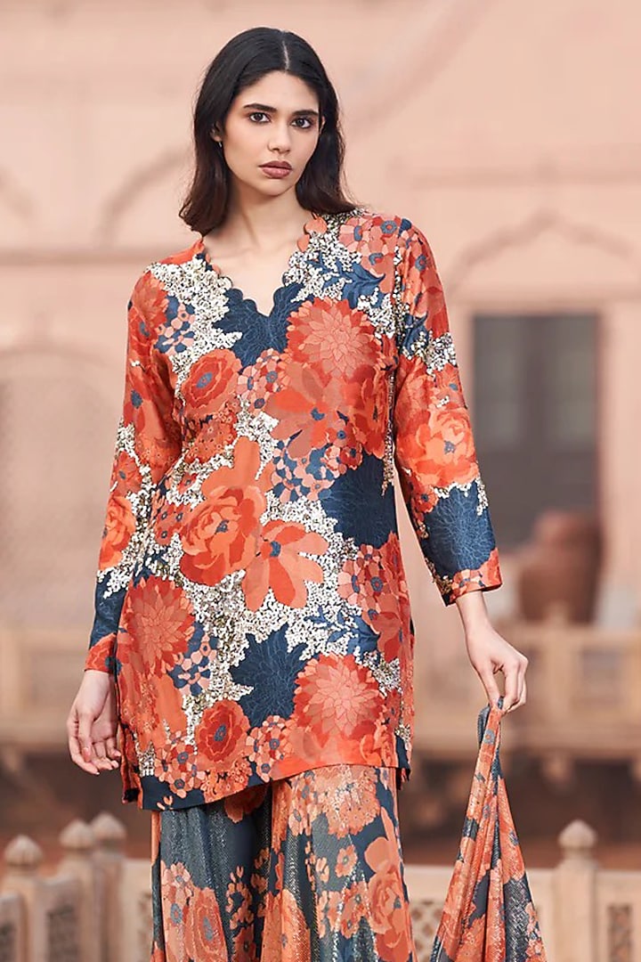 Navy Blue Bemberg Silk Digital Printed Wedding Sharara Set by Archana Shah at Pernia's Pop Up Shop