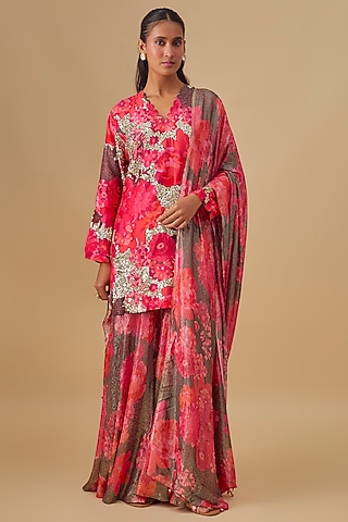Brown Bemberg Silk Digital Printed Sharara Set by Archana Shah