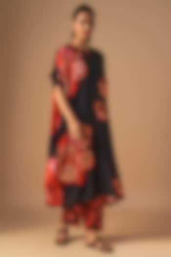 Black Bemberg Silk Printed & Hand Embroidered Tunic Set by Archana Shah at Pernia's Pop Up Shop