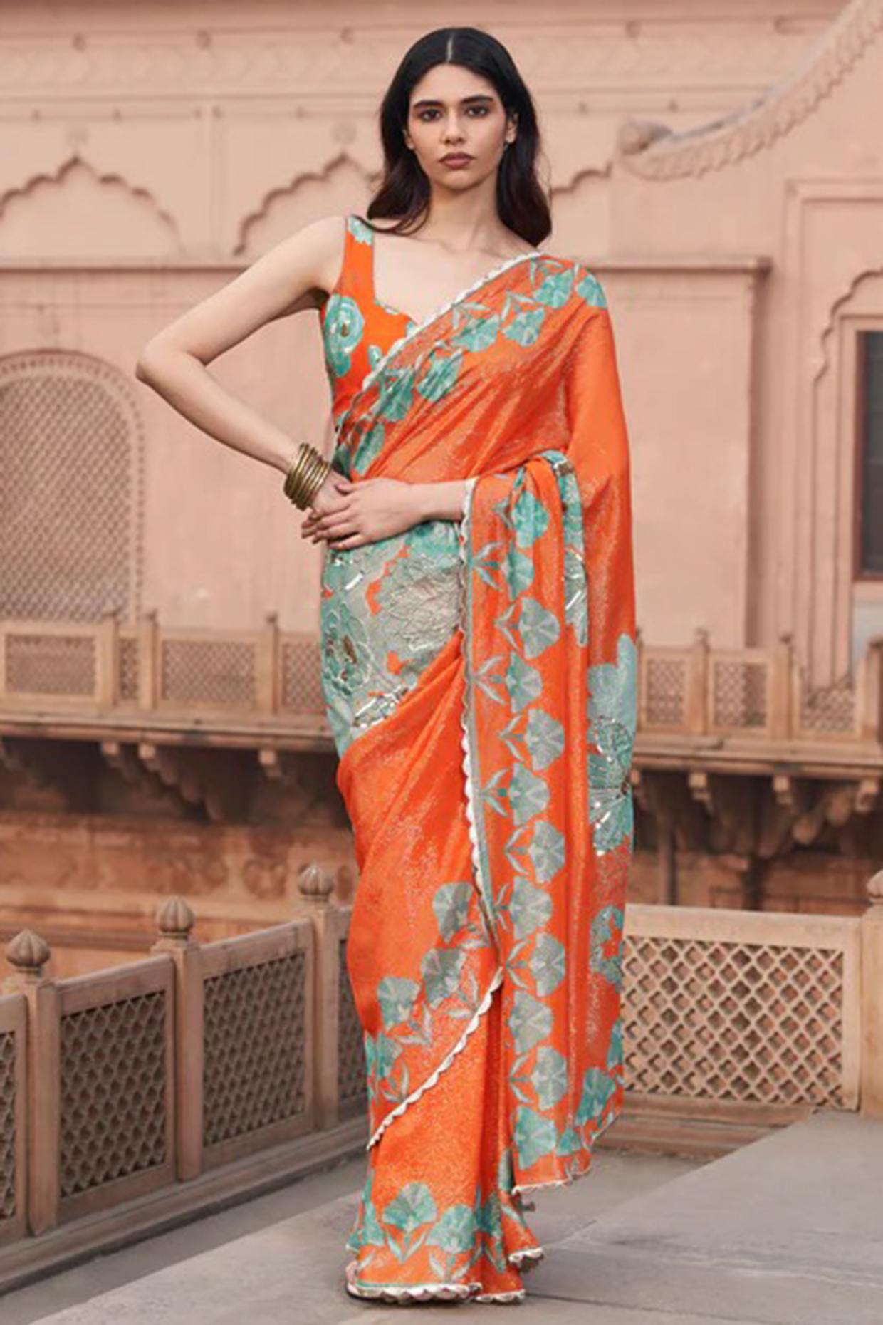 Orange Georgette shimmer Digital Printed & Sequins Embroidered Wedding Saree Set by Archana Shah at Pernia's Pop Up Shop