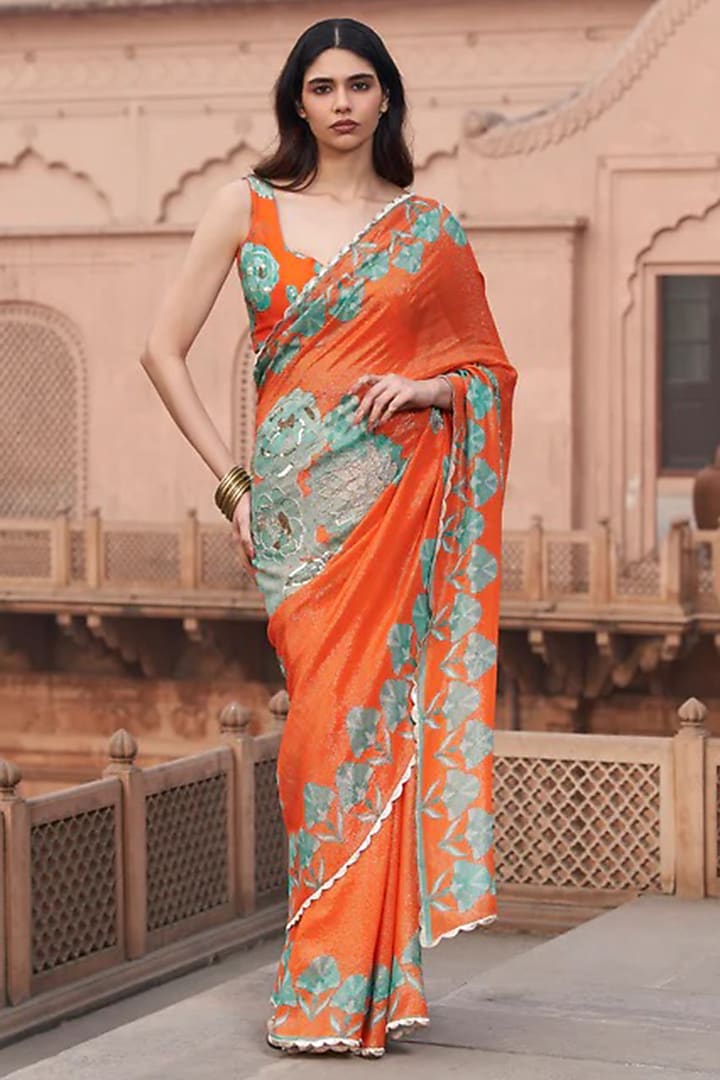 Orange Georgette shimmer Digital Printed & Sequins Embroidered Wedding Saree Set by Archana Shah at Pernia's Pop Up Shop