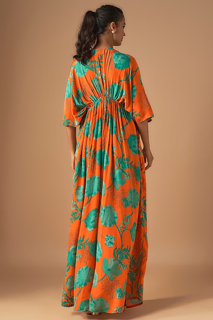 Orange Shimmer Georgette & Natural Crepe Sequins Embroidered Kaftan by Archana Shah at Pernia's Pop Up Shop