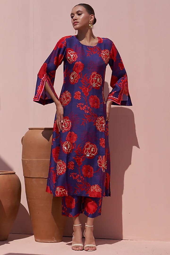 Blue Bemberg Silk Digital Printed & Hand Embroidered Kurta Set by Archana Shah at Pernia's Pop Up Shop