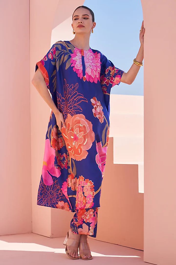 Blue Bemberg Silk Printed & Hand Embroidered Tunic Set by Archana Shah at Pernia's Pop Up Shop