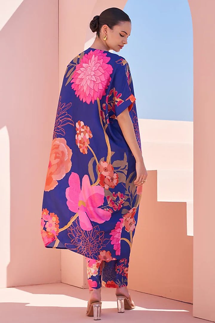 Blue Bemberg Silk Printed & Hand Embroidered Tunic Set by Archana Shah at Pernia's Pop Up Shop