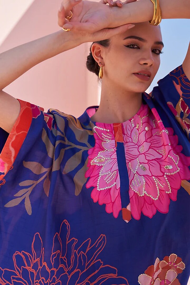 Blue Bemberg Silk Printed & Hand Embroidered Tunic Set by Archana Shah at Pernia's Pop Up Shop