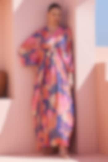 Blue Shimmer Georgette Floral Printed Kaftan by Archana Shah at Pernia's Pop Up Shop