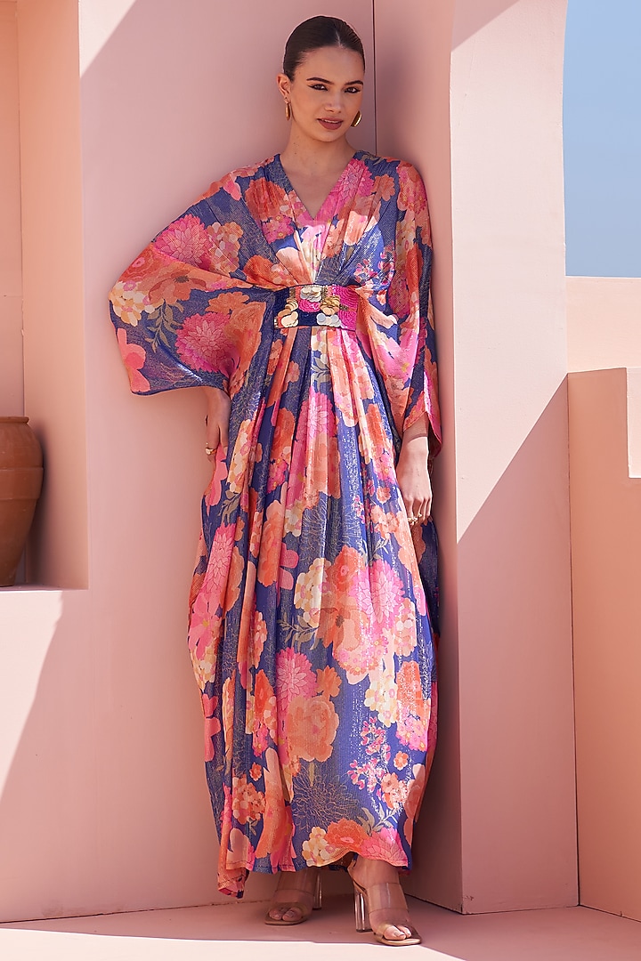 Blue Shimmer Georgette Floral Printed Kaftan by Archana Shah at Pernia's Pop Up Shop