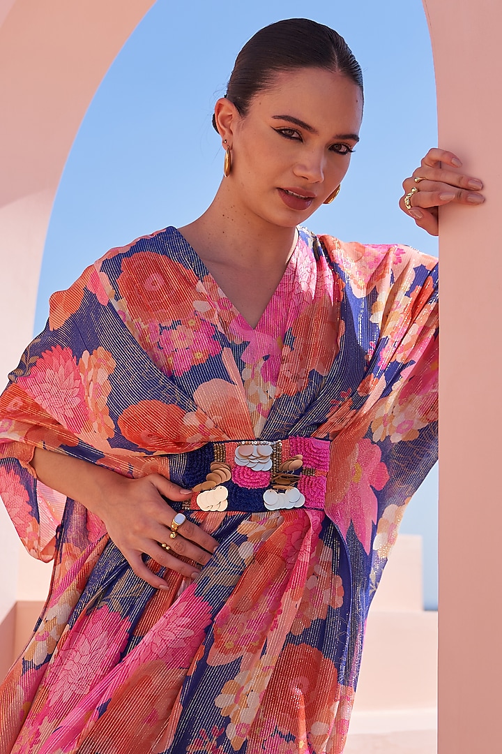 Blue Shimmer Georgette Floral Printed Kaftan by Archana Shah at Pernia's Pop Up Shop