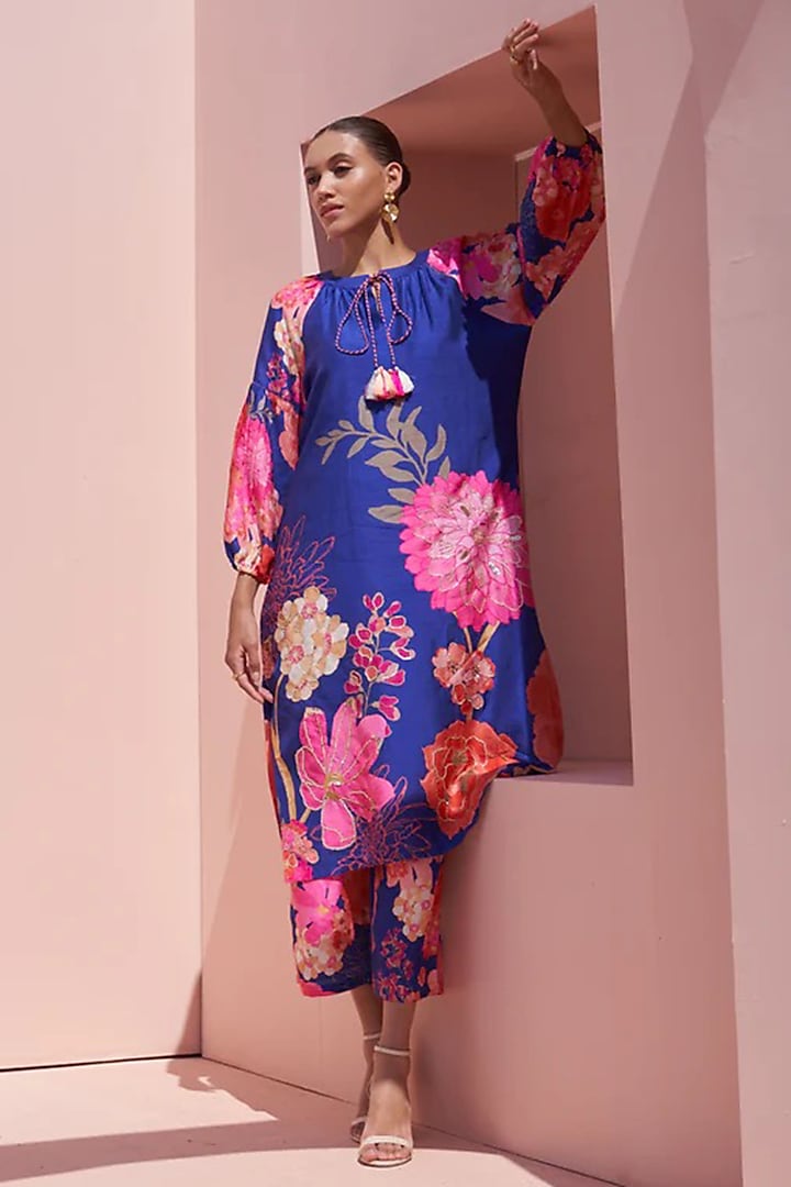 Blue Bemberg Crepe Digital Printed & Hand Embroidered Tunic Set by Archana Shah at Pernia's Pop Up Shop