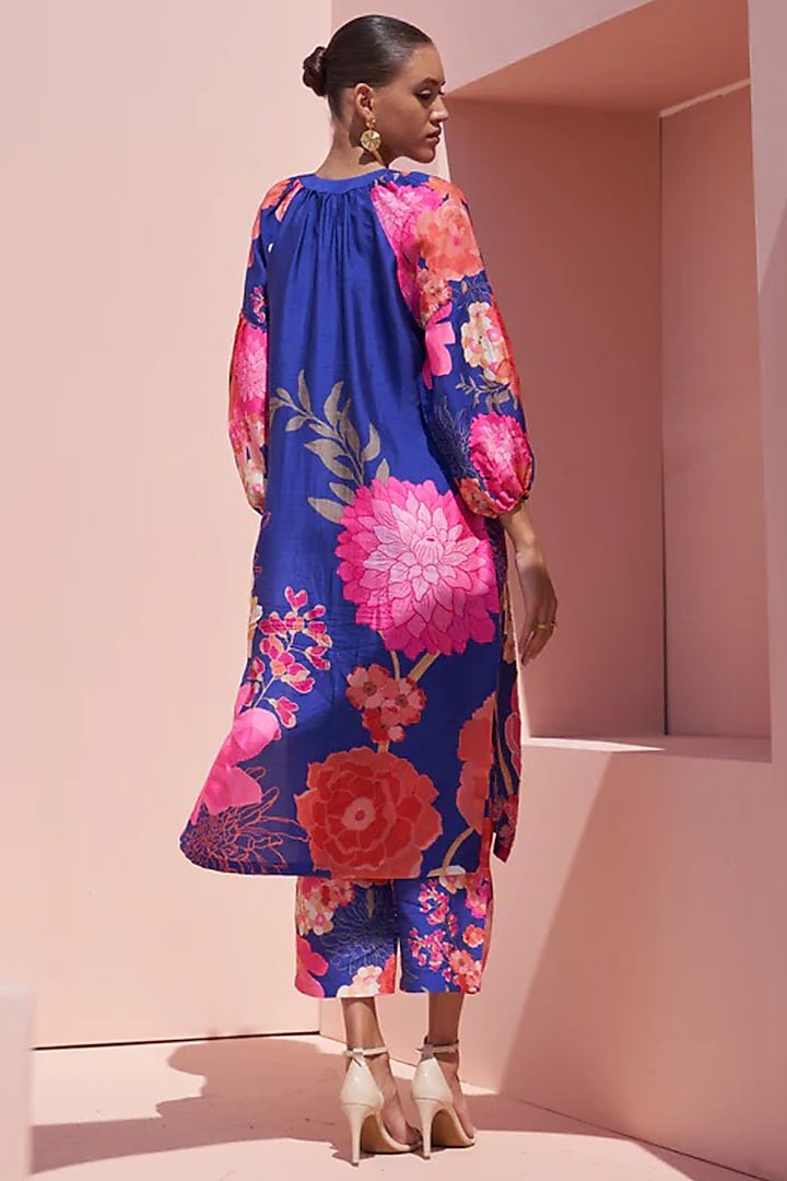 Blue Bemberg Crepe Digital Printed & Hand Embroidered Tunic Set by Archana Shah at Pernia's Pop Up Shop