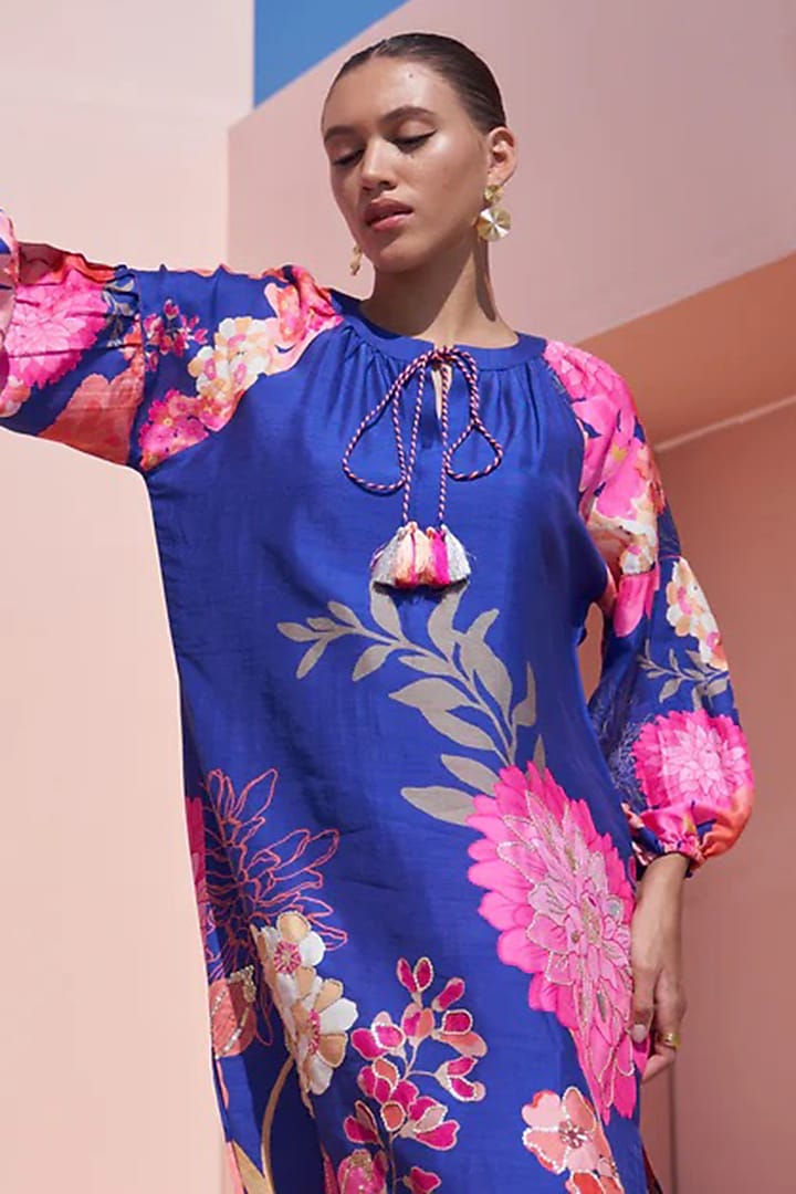 Blue Bemberg Crepe Digital Printed & Hand Embroidered Tunic Set by Archana Shah at Pernia's Pop Up Shop