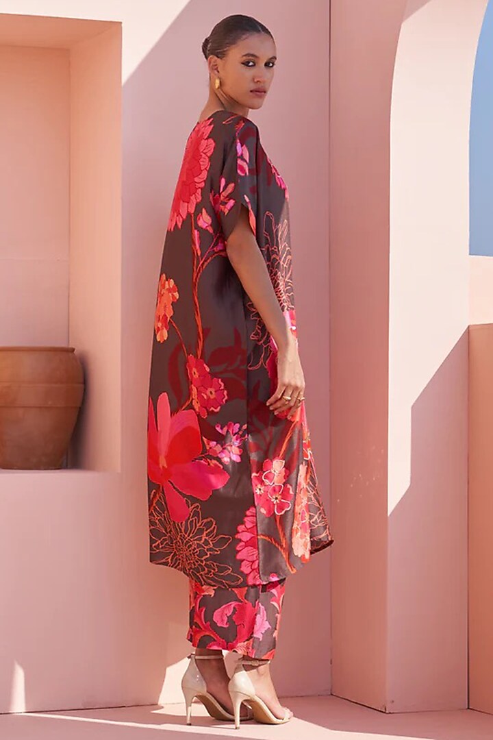 Brown Bemberg Silk Printed & Hand Embroidered Tunic Set by Archana Shah at Pernia's Pop Up Shop