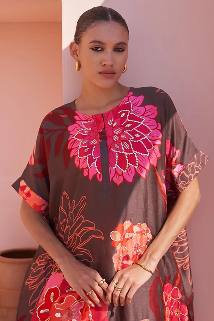Brown Bemberg Silk Printed & Hand Embroidered Tunic Set by Archana Shah at Pernia's Pop Up Shop