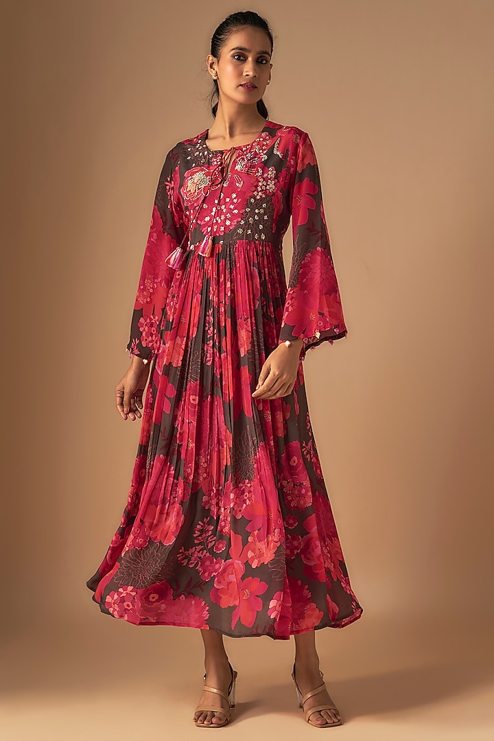 Brown Bemberg Crepe Zardosi Hand Embroidered Dress by Archana Shah at Pernia's Pop Up Shop