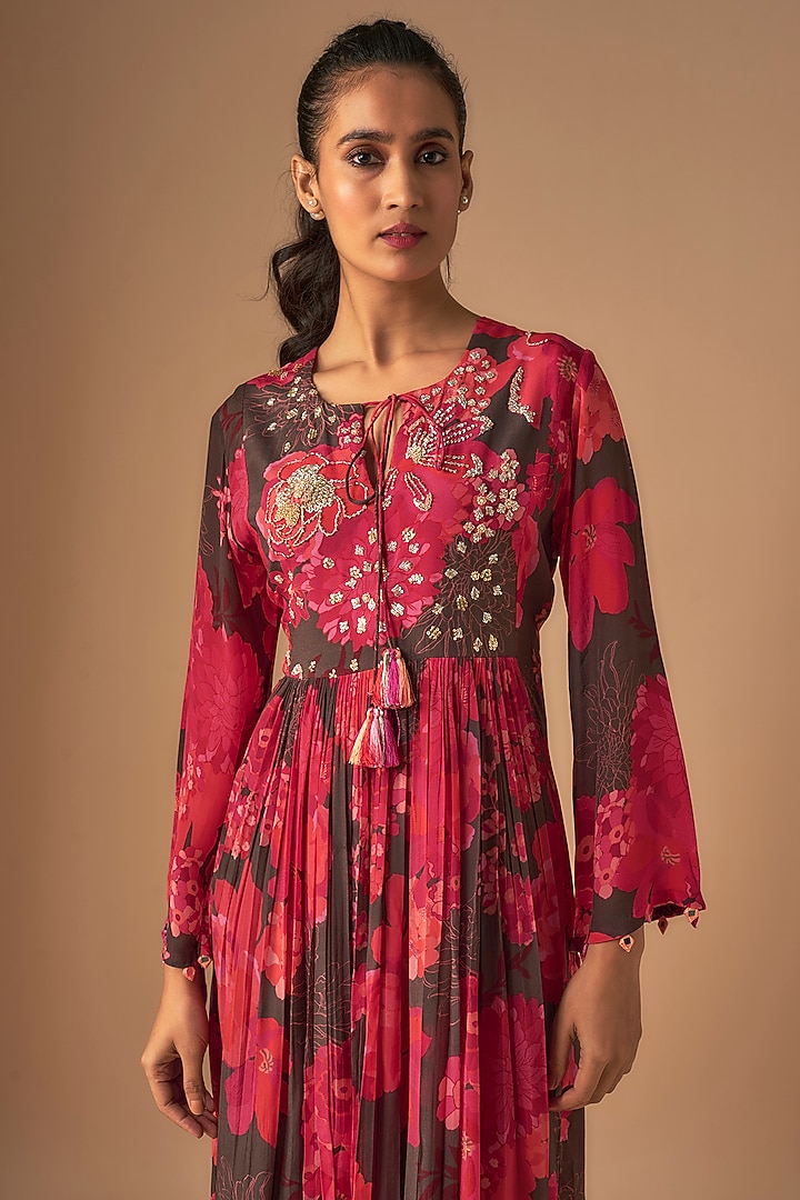 Brown Bemberg Crepe Zardosi Hand Embroidered Vacation Dress by Archana Shah at Pernia's Pop Up Shop