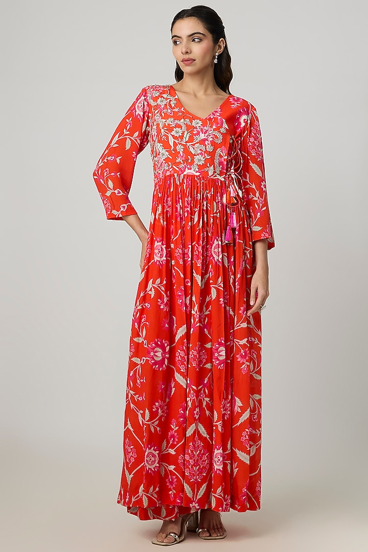 Orange Crepe Diamond Printed Angrakha Vacation Dress by Archana Shah at Pernia's Pop Up Shop