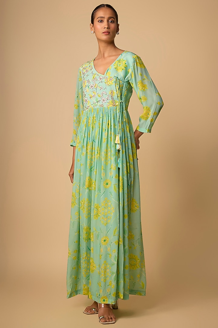 Green Crepe Floral Printed Maxi Vacation Dress by Archana Shah at Pernia's Pop Up Shop