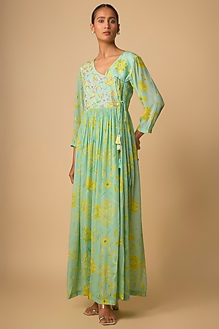 Green Crepe Floral Printed Maxi Dress by Archana Shah
