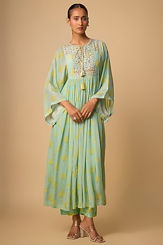 Green Crepe Floral Printed Maxi Dress by Archana Shah
