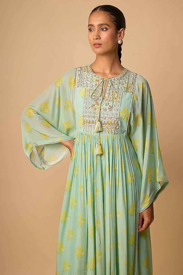 Green Crepe Floral Printed Maxi Vacation Dress by Archana Shah at Pernia's Pop Up Shop