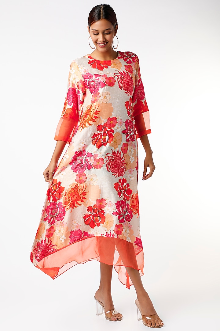 White & Orange Floral Printed Tunic by Archana Shah