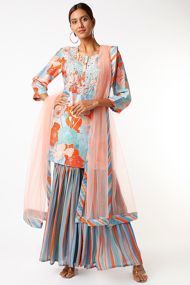 Multi-Colored Silk & Bemberg Crepe Gharara Set by Archana Shah