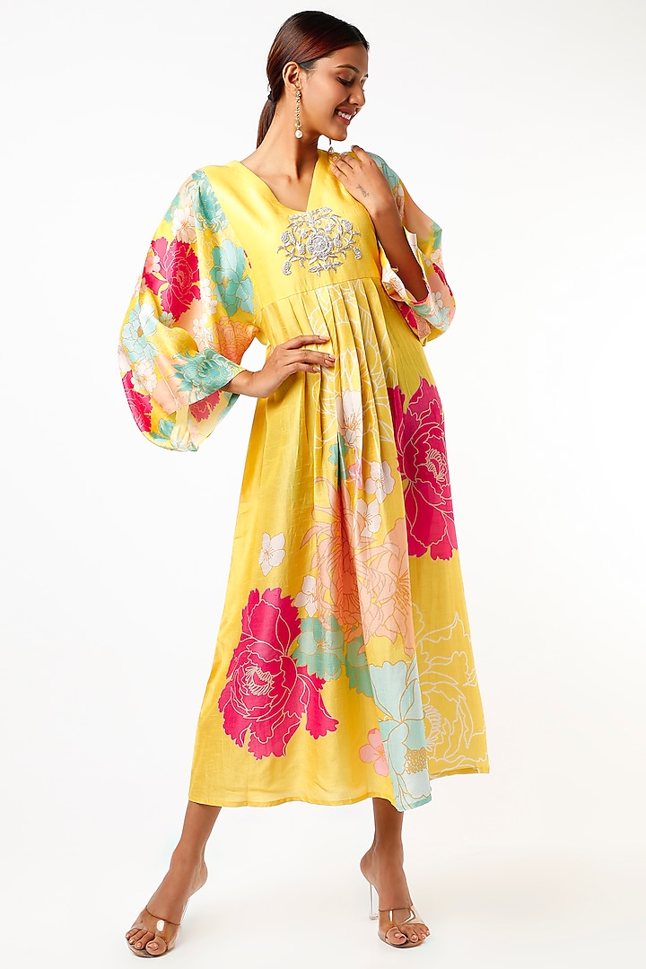 Yellow Printed & Hand Embroidered Tunic by Archana Shah