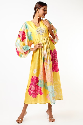 Yellow Printed & Hand Embroidered Tunic by Archana Shah