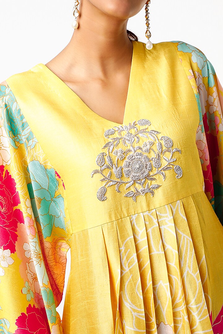 Yellow Printed & Hand Embroidered Tunic by Archana Shah at Pernia's Pop Up Shop
