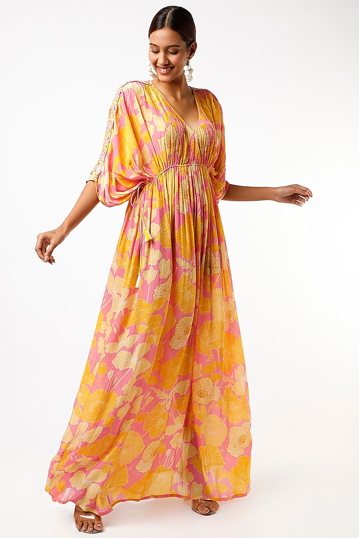 Yellow Printed & Embellished Kaftan Dress by Archana Shah
