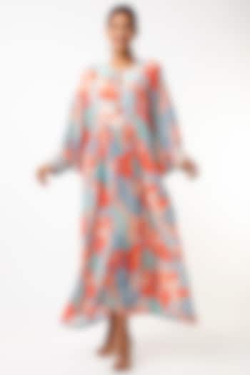Powder Blue & Orange Printed Boho Dress by Archana Shah