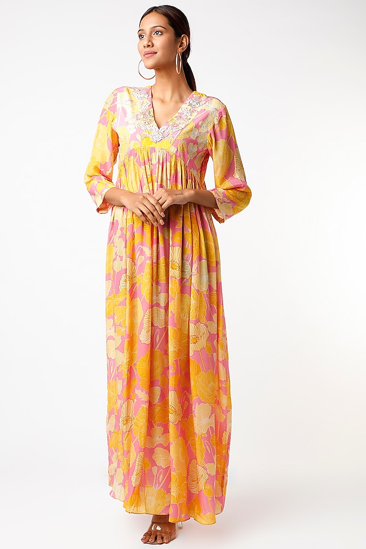 Yellow Floral Printed Maxi Dress by Archana Shah