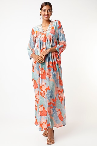 Powder Blue & Orange Printed Maxi Dress by Archana Shah