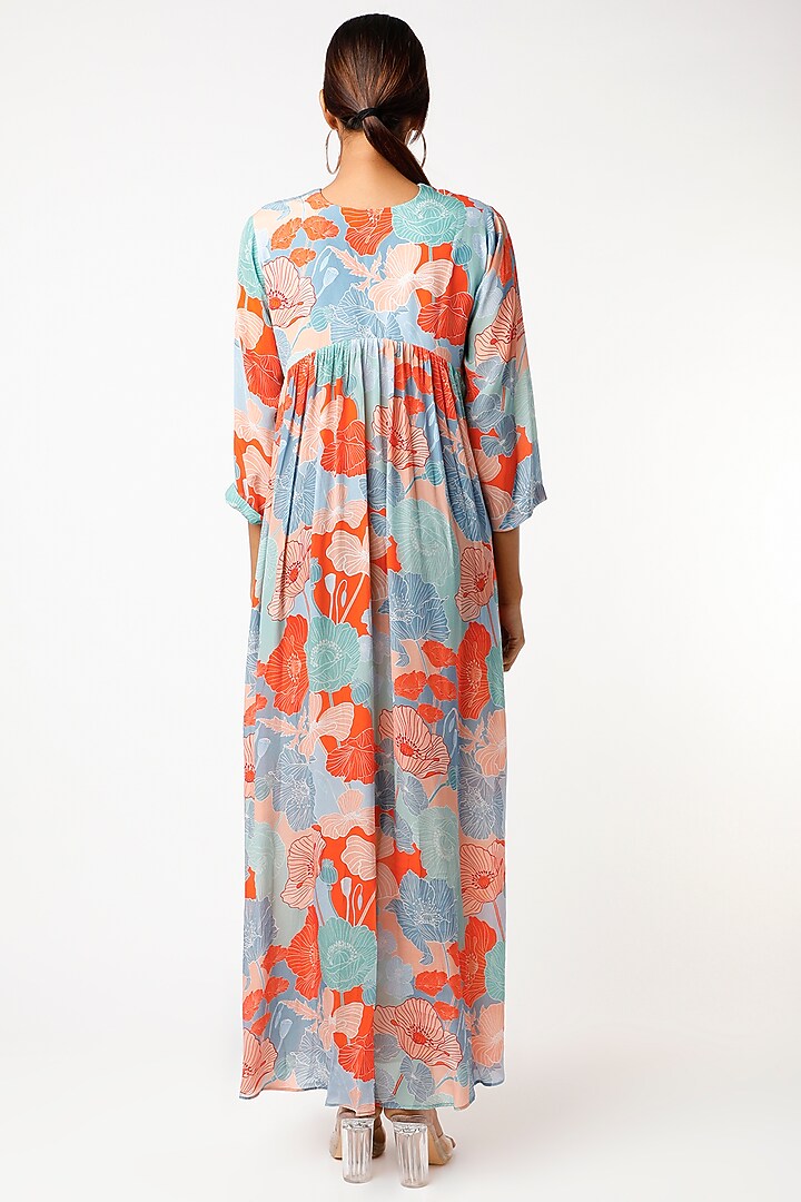 Powder Blue & Orange Printed Maxi Vacation Dress by Archana Shah at Pernia's Pop Up Shop