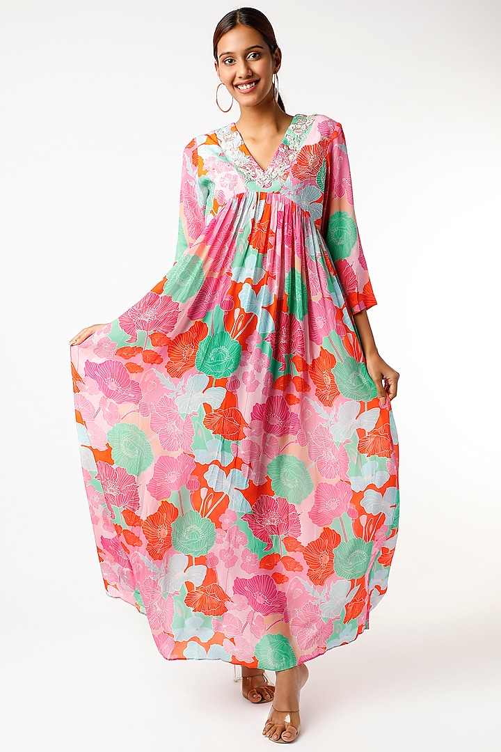 Fuchsia Floral Printed Maxi Dress by Archana Shah
