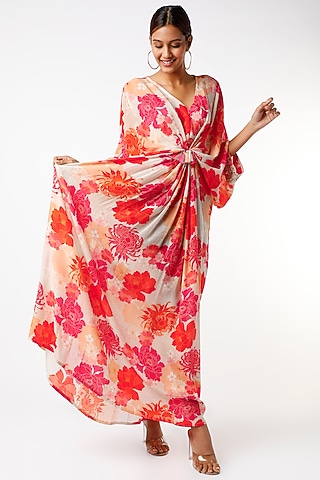 White & Orange Printed Kimono Kaftan  by Archana Shah