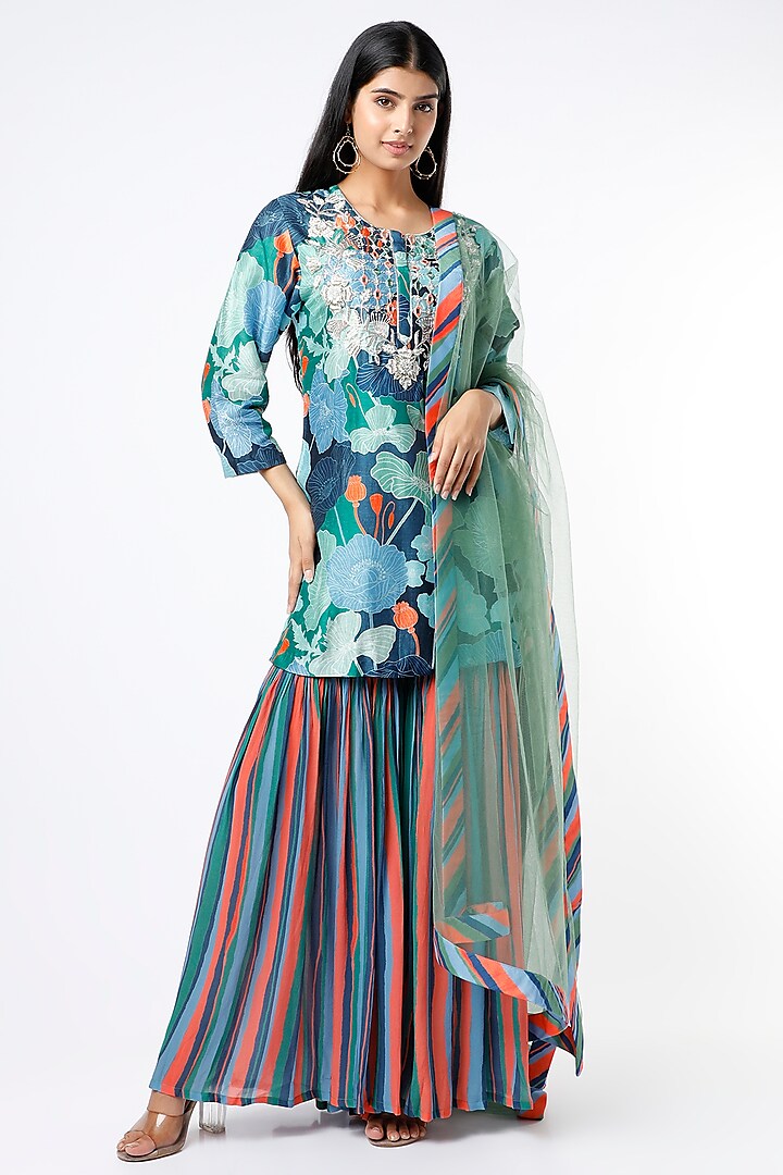 Multi-Colored Silk & Crepe Printed Gharara Set by Archana Shah